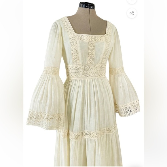 Victor Costa Mexican Wedding Dress Ivory Cotton Gauze & Lace Dress Romantic 1970 - Picture 12 of 16